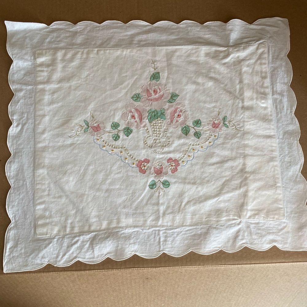 Vtg White Cotton Floral Embroidered Scalloped Edge Insert for 12” x 15” Pillow
